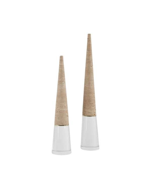 Esculturas triangulares travertino con base de cristal 