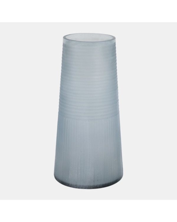 Jarrón de cristal con líneas azul alto