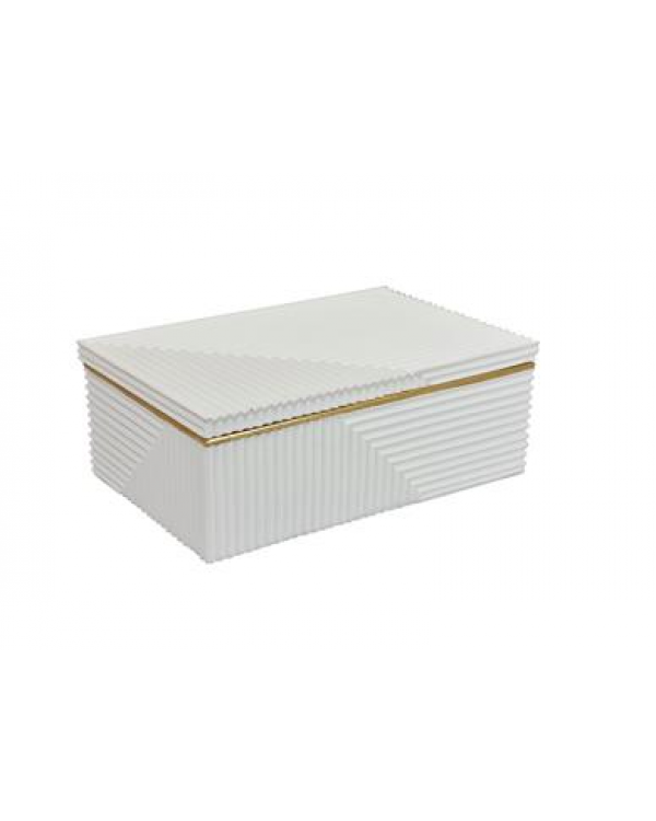 Caja de textura blanca con detalle dorado.