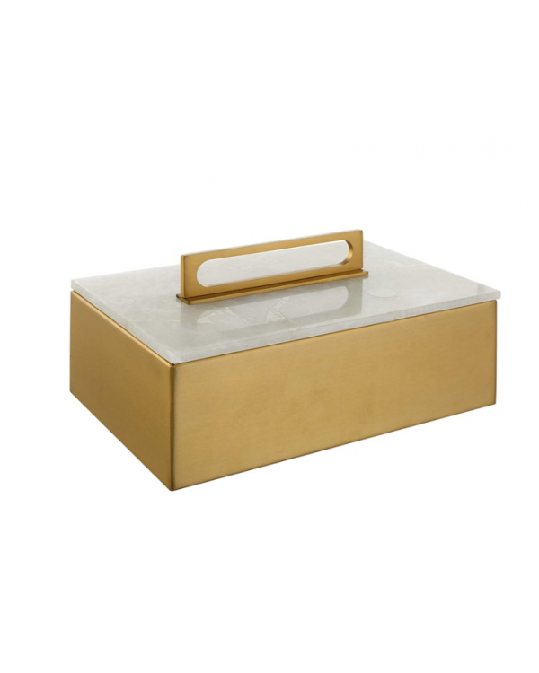 Caja dorada de metal con tapa de marmol.