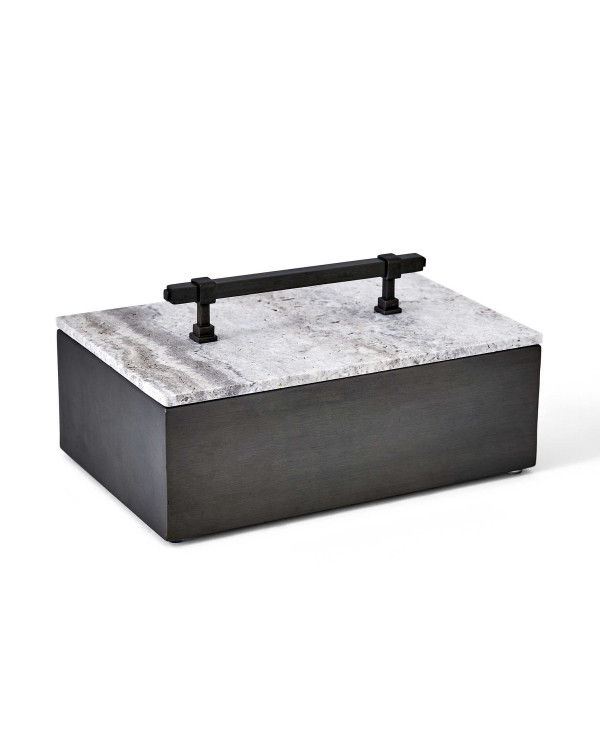 Caja cuadrada de metal con tapa de marmol negra