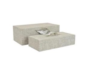 Set de dos cajas beige de madera con diseño de hoja.