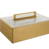 Caja rectangular dorada de metal con tapa de mármol