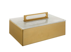 Caja rectangular dorada de metal con tapa de mármol