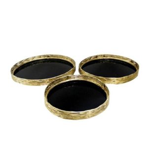 Charola circular de espejo con borde dorado mediana